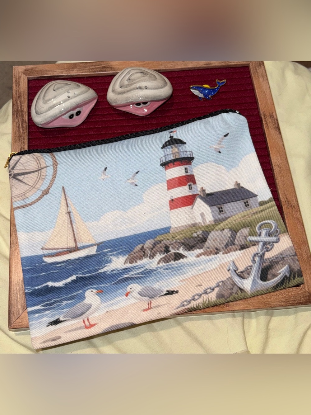 Bundle- Lighthouse Zipper Pouch with whale brooch and oyster salt and pepper